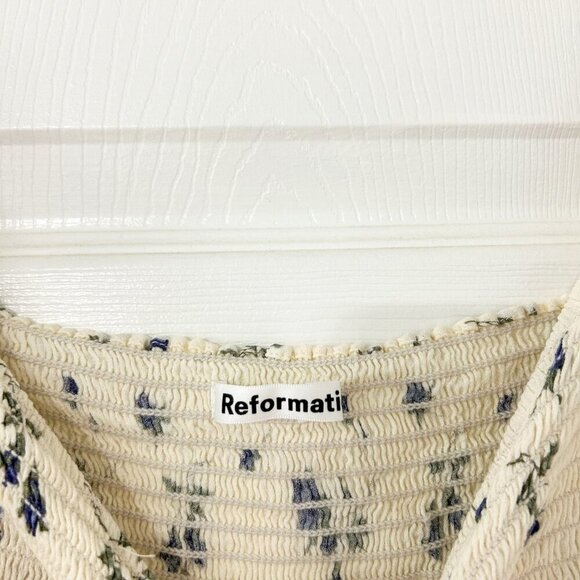 NWOT Reformation Marbella Blue Floral Smocked Puff Sleeve Midi Dress Medium - Picture 6 of 12